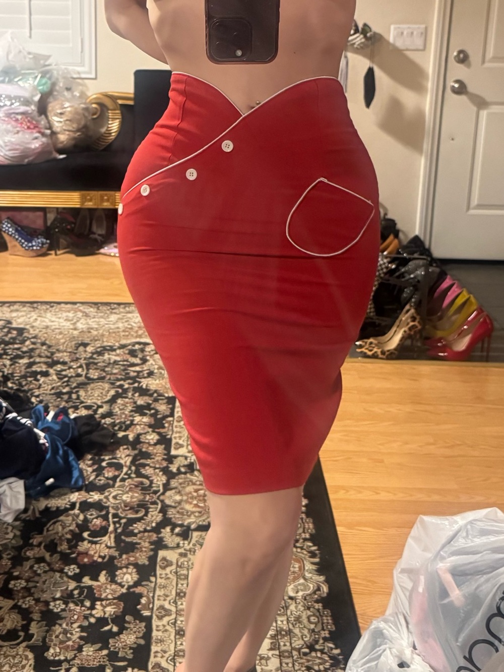 Bettie Page Red Pencil Skirt with White Piping S - Picture 8 of 10